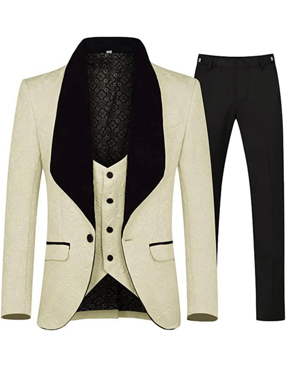 Cream Tuxedo Jacket with Black Shawl Lapel and Matching Vest